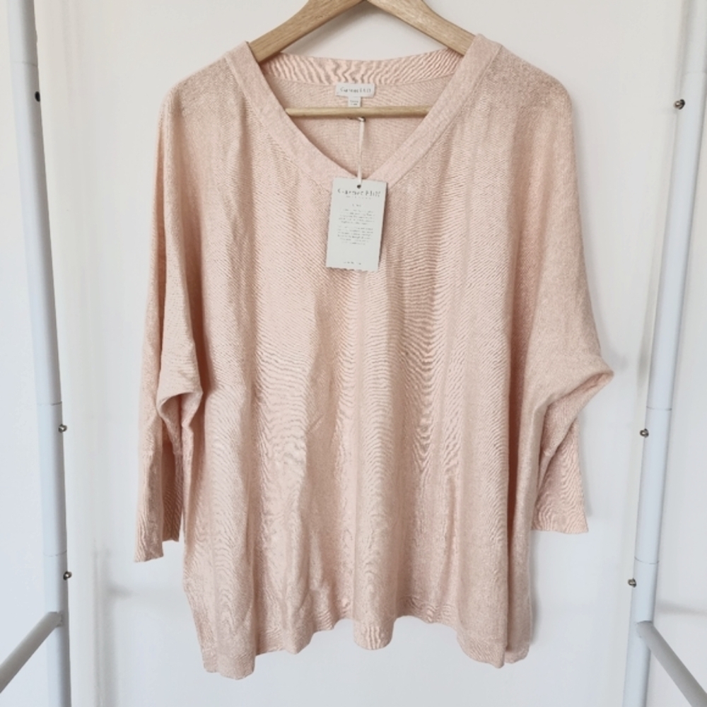 NWT Garnet Hill Linen Oversized V Neck Sweater in Pink Peony, Womens L